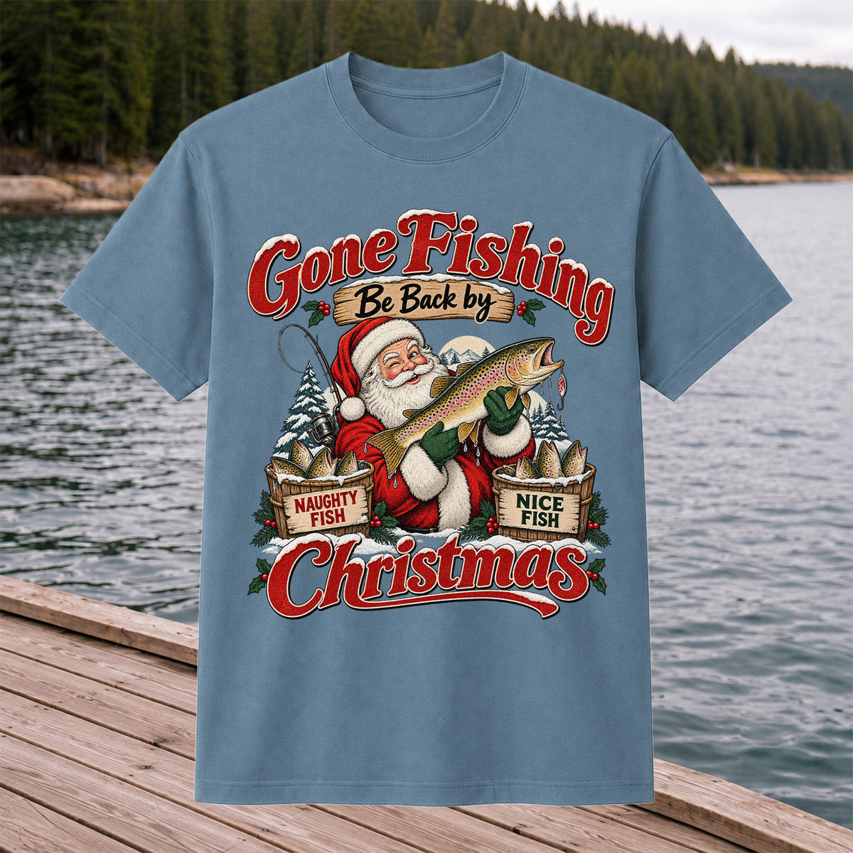Gone Fishing Be Back by Christmas Santa Trout T-Shirt