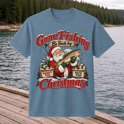 Gone Fishing Be Back by Christmas Santa Trout T-Shirt