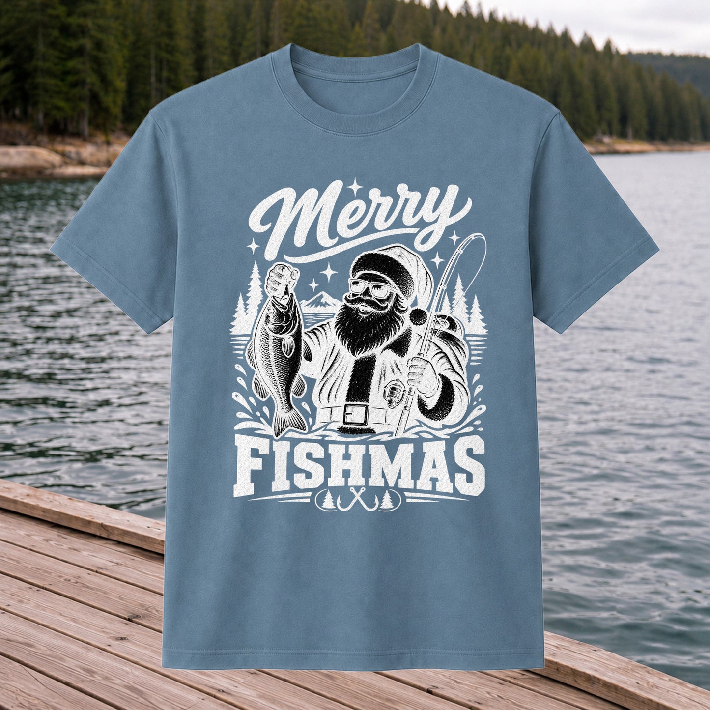 Merry Fishmas Santa Fishing Christmas Graphic T-Shirt