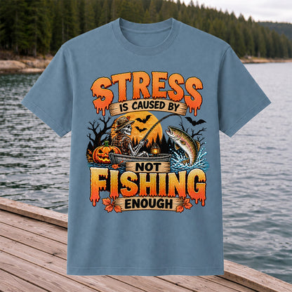Stress Is Caused by Not Fishing Enough Skeleton Halloween Trout T-Shirt