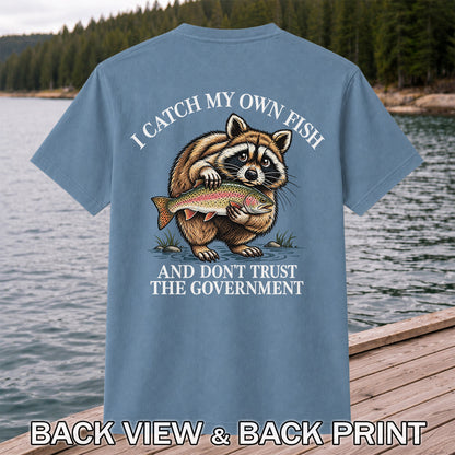 Raccoon Holding Rainbow Trout Fishing Graphic T-Shirt | Back Print