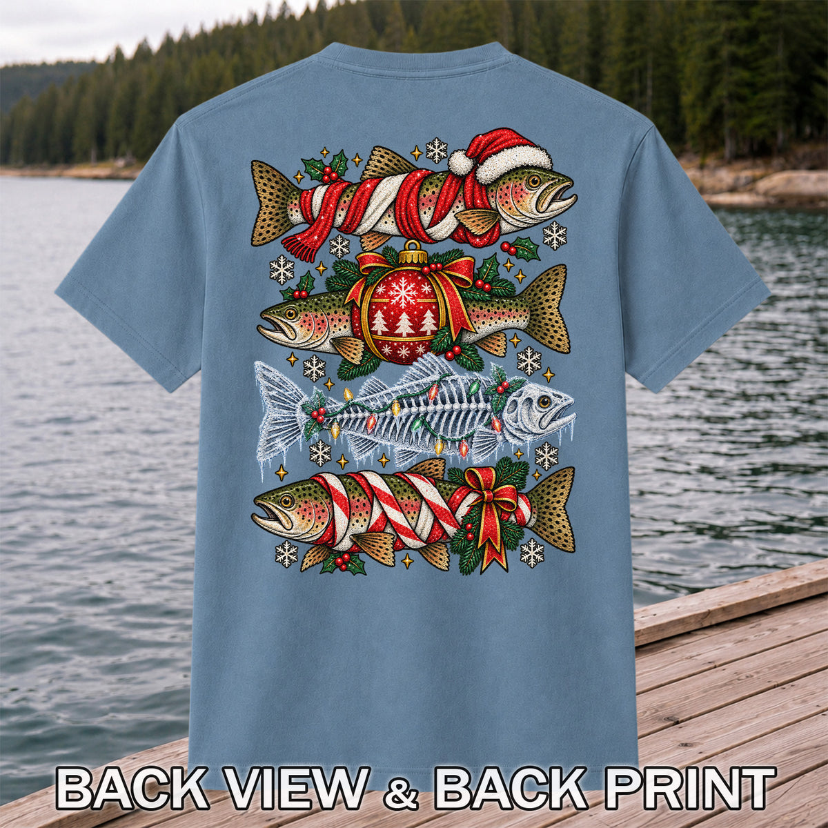 Christmas Rainbow Trout and Fish Skeleton Fishing Graphic T-Shirt | Back Print