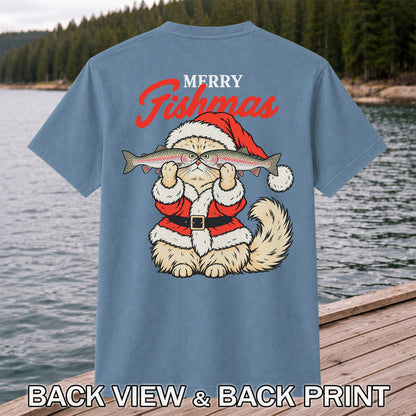 Santa Cat Holding Trout Merry Christmas Fishing T-Shirt | Back Print