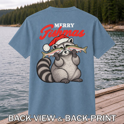 Santa Raccoon Holding Fish Christmas Fishing Graphic T-Shirt | Back Print