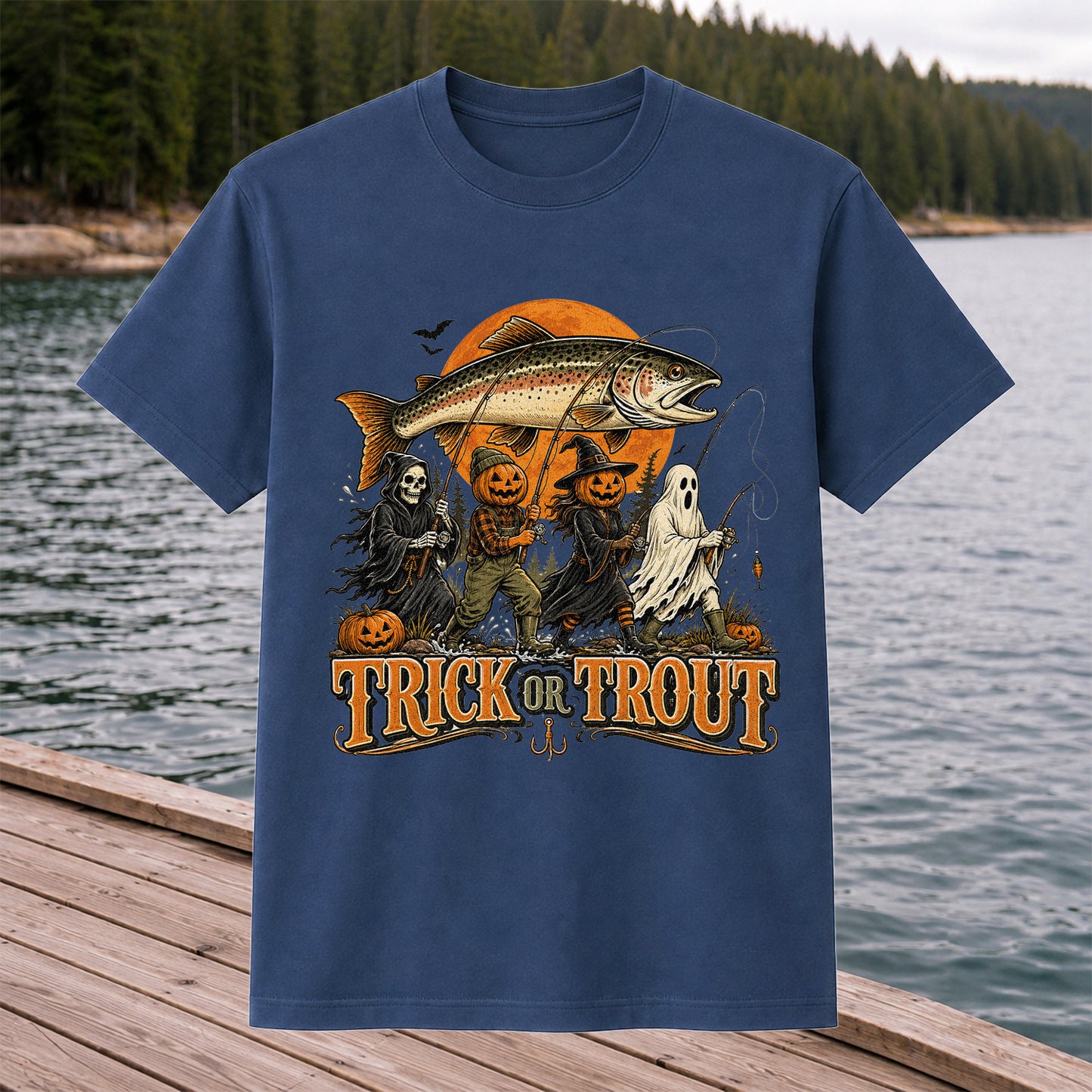 Trick or Trout Halloween Fishing T-Shirt, Vintage Trout Angler Tee