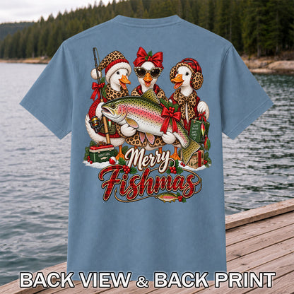 Merry Fishmas Christmas Ducks with Rainbow Trout Fishing T-Shirt | Back Print