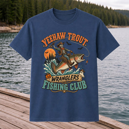 Yeehaw Trout Wranglers Fishing Club Halloween Skeleton Cowboy T-Shirt