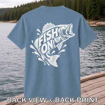 Fish On! Jumping Bass Fishing Distressed Graphic T-Shirt | Back Print
