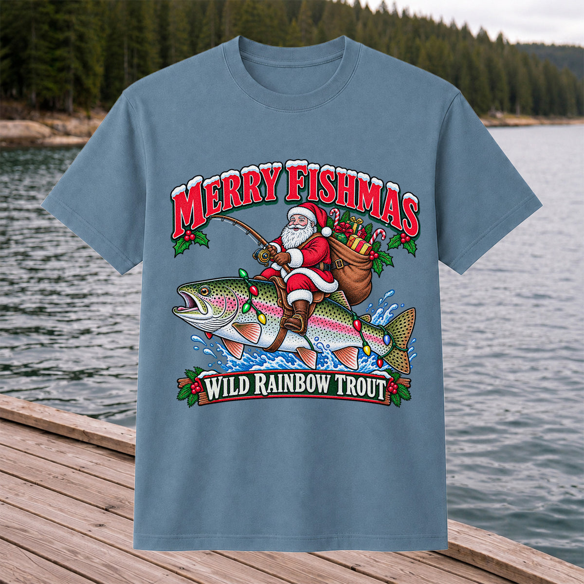 Merry Fishmas Santa Riding a Wild Rainbow Trout Christmas Fishing T-Shirt