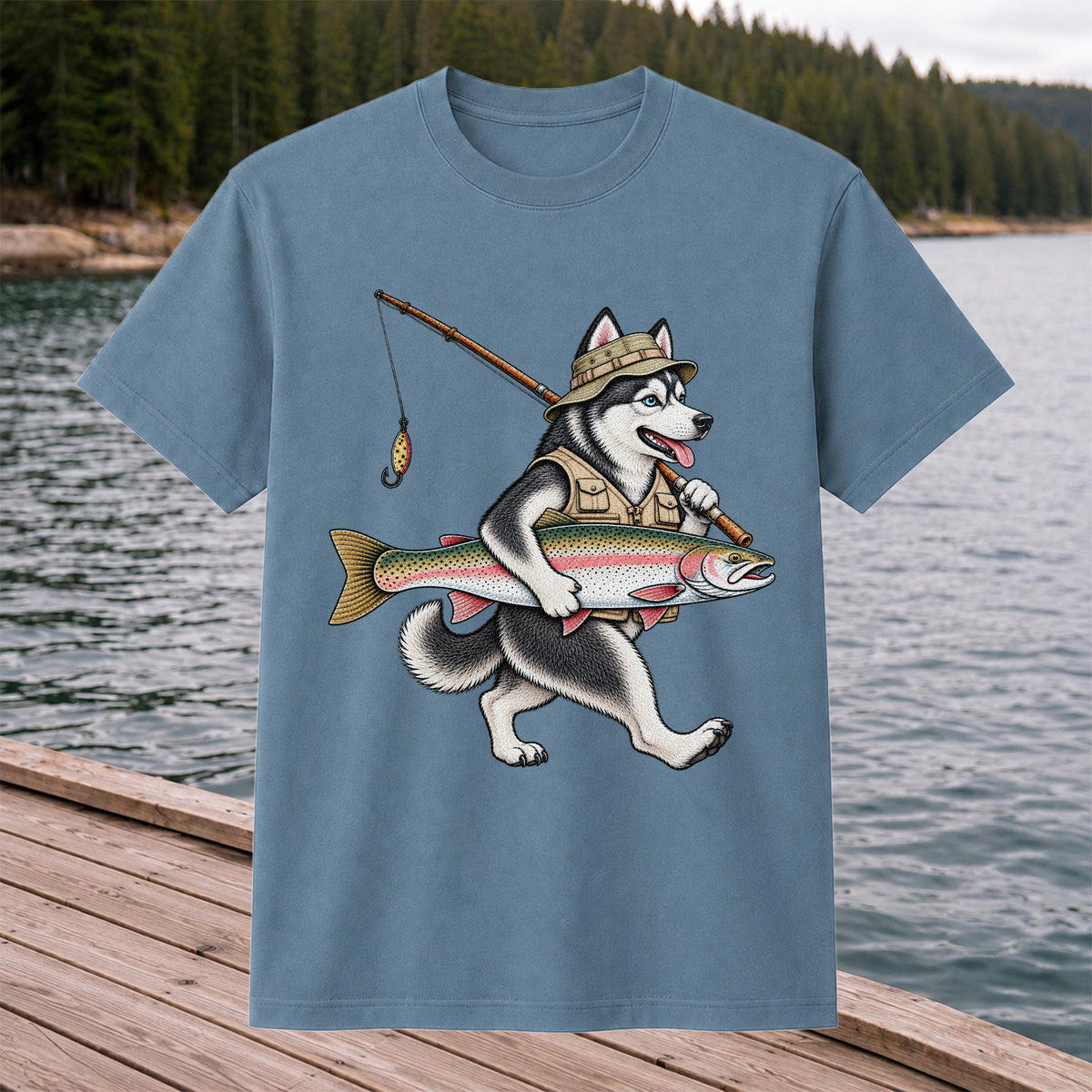 Husky Holding Rainbow Trout Fishing Graphic T-Shirt