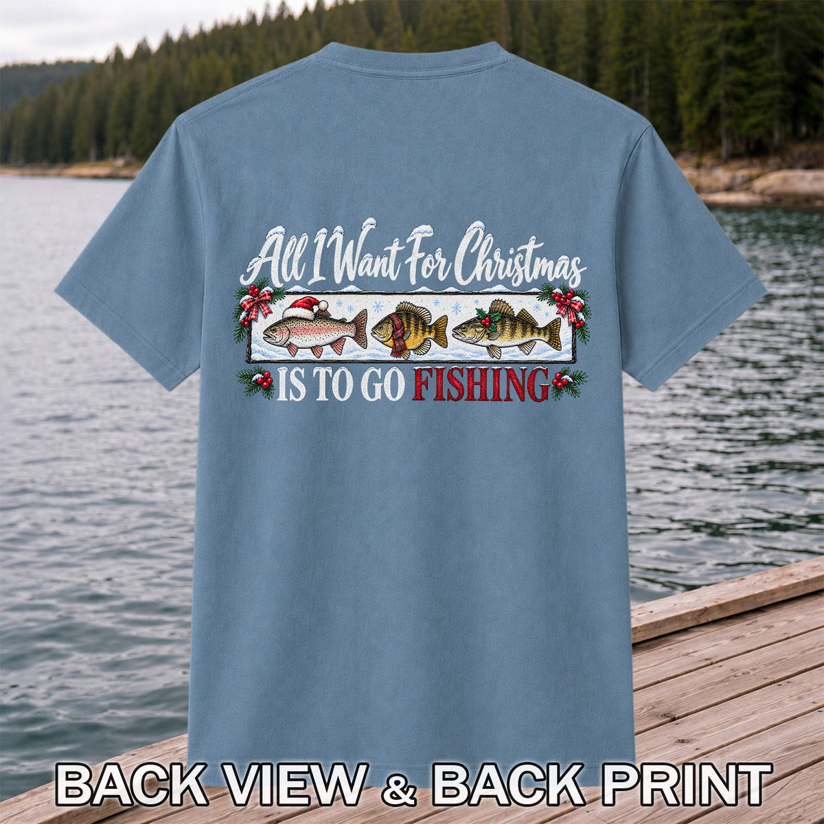 Christmas Freshwater Fish Fishing Graphic T-Shirt | Back Print