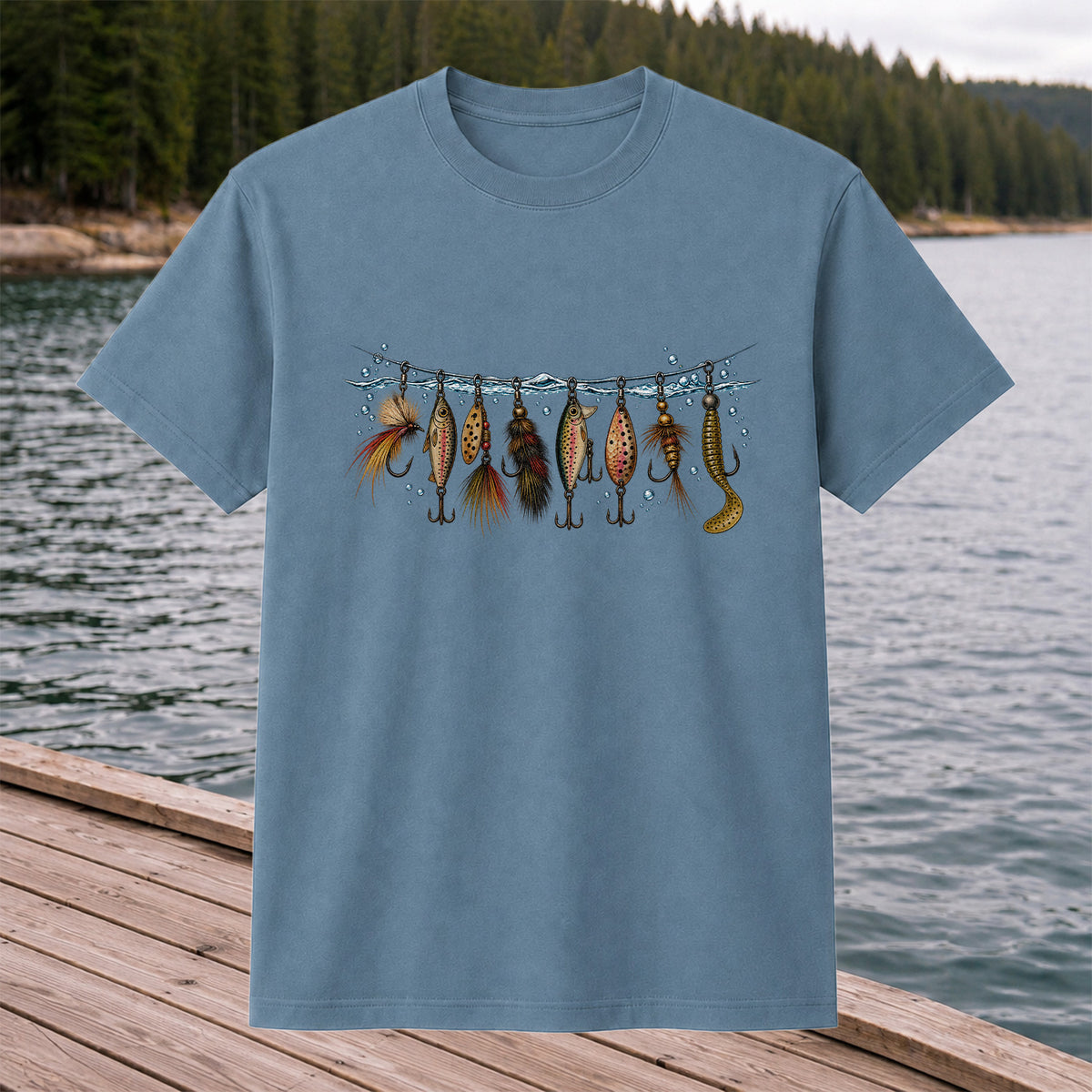 Vintage Fishing Lures Hanging from a Waterline Graphic T-Shirt