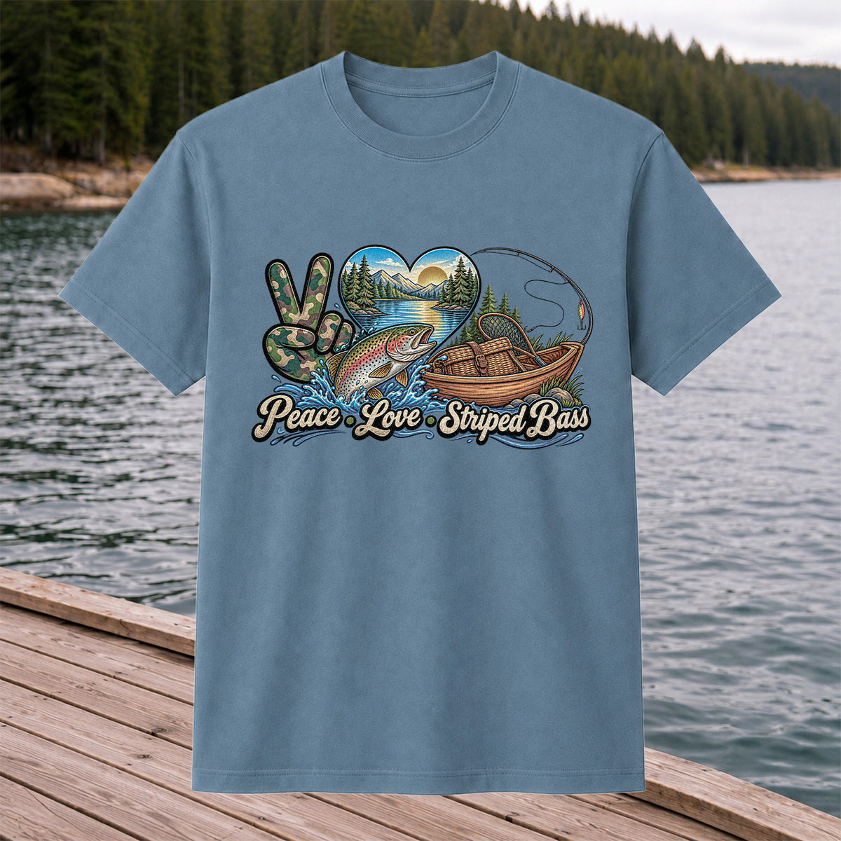 Peace Love Striped Bass Lake and Boat Fishing Graphic T-Shirt