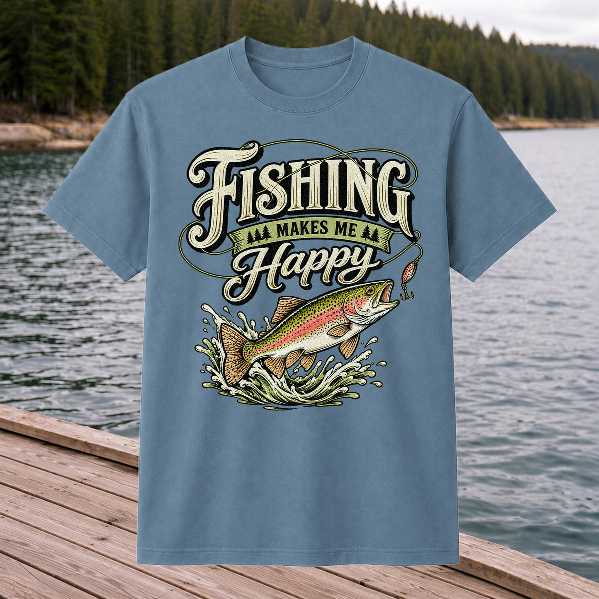 Fishing Makes Me Happy Rainbow Trout Vintage Graphic T-Shirt