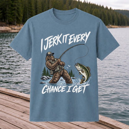 Jerk It Every Chance I Get Bigfoot Fishing Graphic T-Shirt