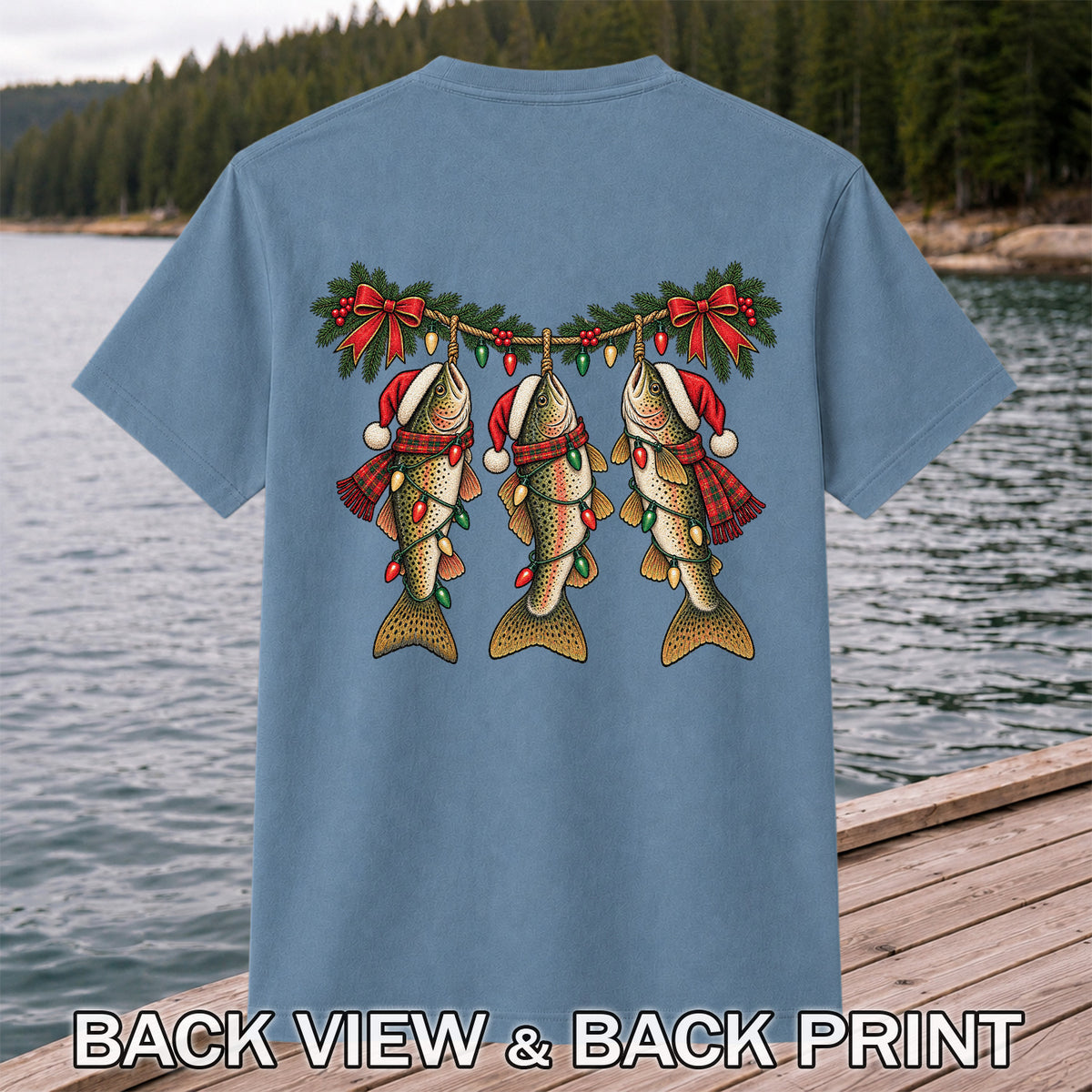 Festive Trout String Lights Christmas Fishing T-Shirt | Back Print