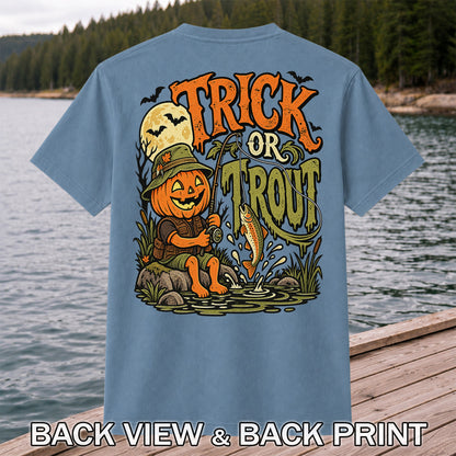 Trick or Trout Pumpkin Angler Halloween Fishing T-Shirt | Back Print