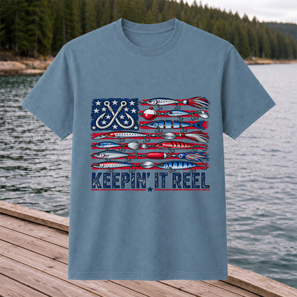 Keepin' It Reel American Flag Fishing Lures Graphic T-Shirt