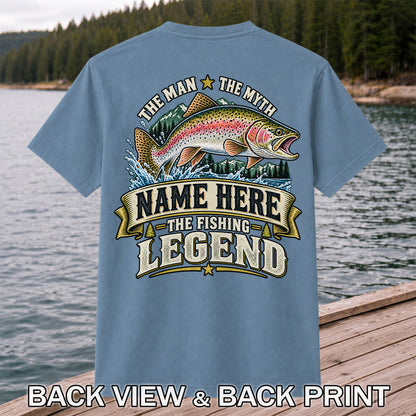 Personalized The Man The Myth The Fishing Legend Rainbow Trout T-Shirt | Back Print