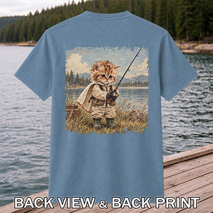 Vintage Kitten Fishing by the Lake Cute Cat Graphic T-Shirt | Back Print