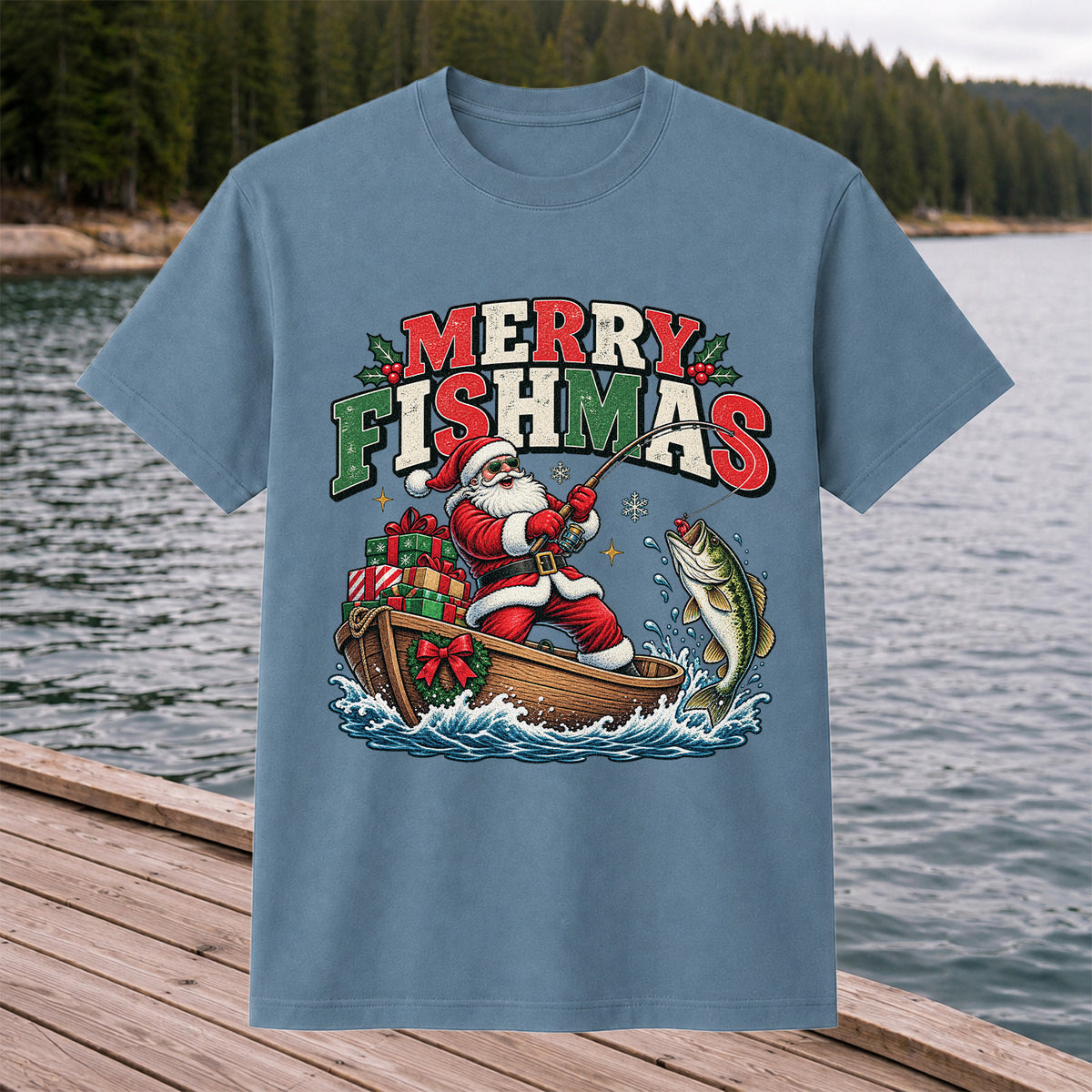 Merry Fishmas Santa Fishing for Bass Christmas Graphic T-Shirt