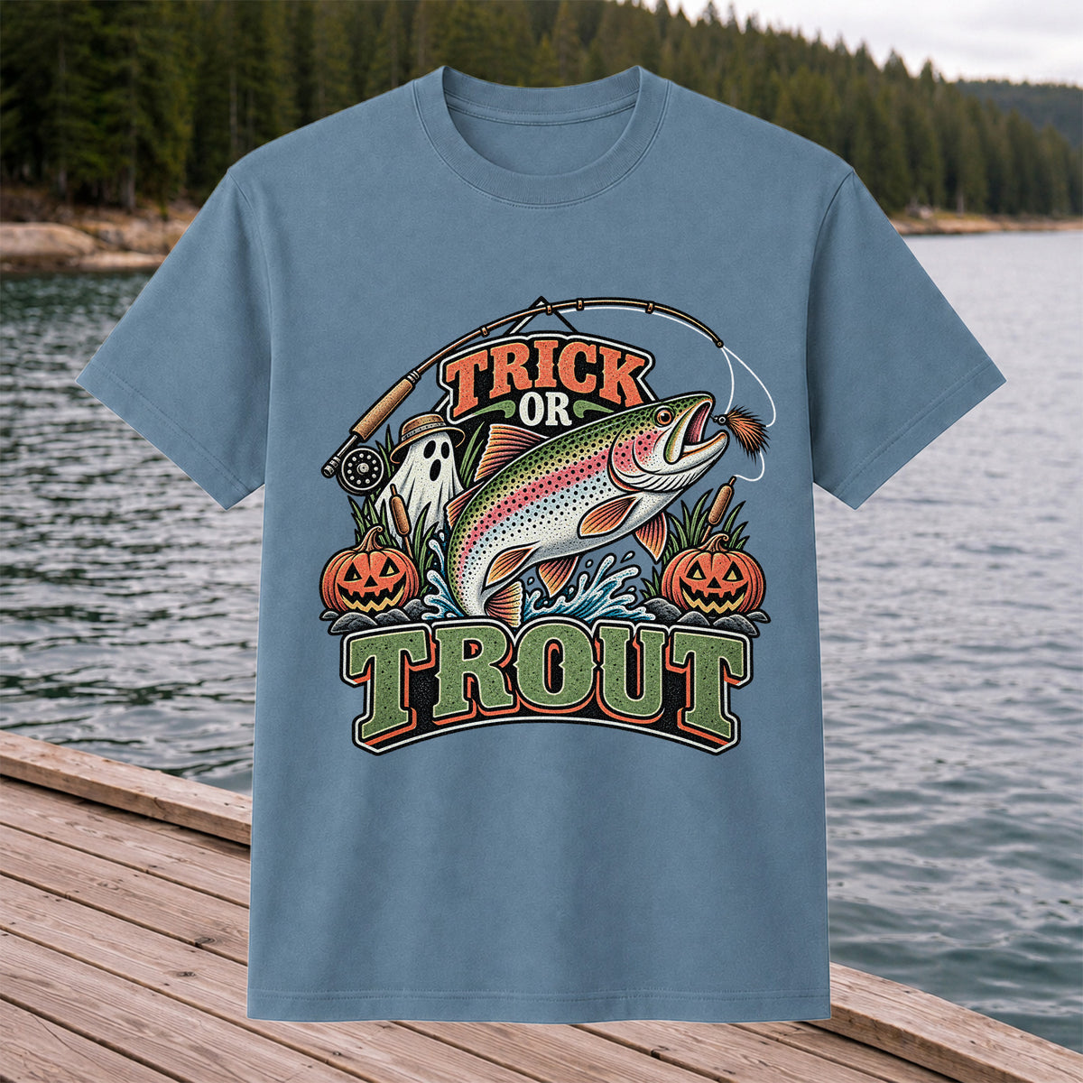Trick or Trout Rainbow Trout Ghost and Pumpkins Halloween Fishing T-Shirt