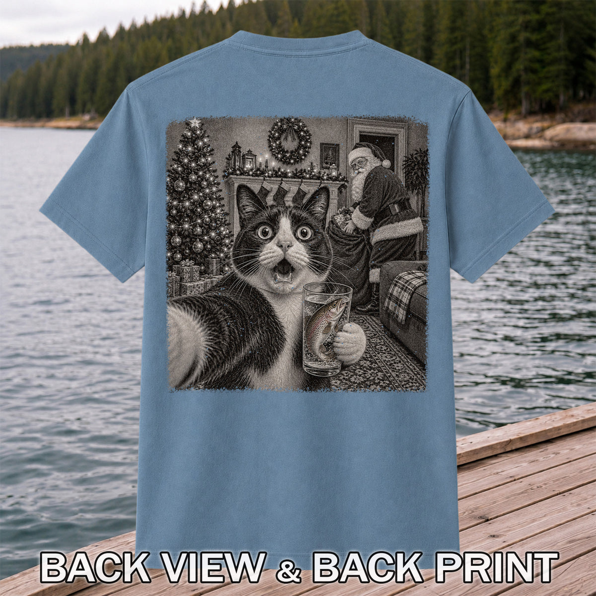 Christmas Cat Holding a Fish Mug Holiday Graphic T-Shirt | Back Print