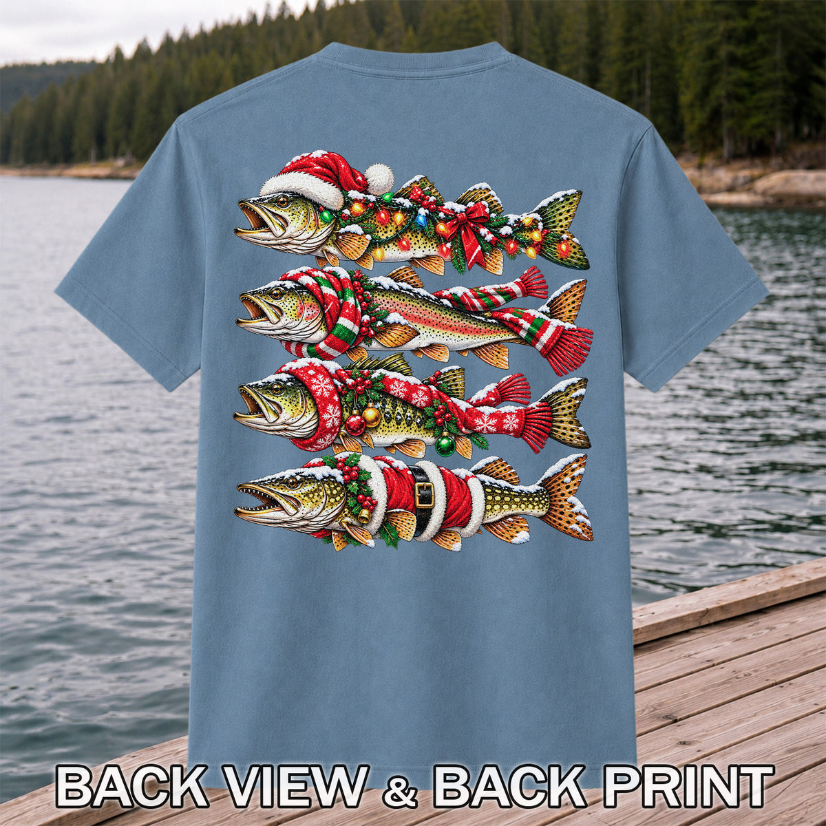 Christmas Trout Fishing Holiday Graphic T-Shirt | Back Print