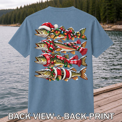 Christmas Trout Fishing Holiday Graphic T-Shirt | Back Print