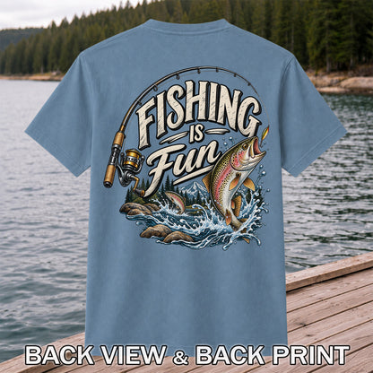 Fishing Is Fun Rainbow Trout and Mountain Graphic T-Shirt | Back Print