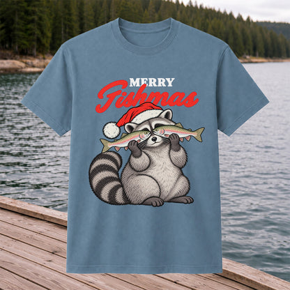 Santa Raccoon Holding Fish Christmas Fishing Graphic T-Shirt