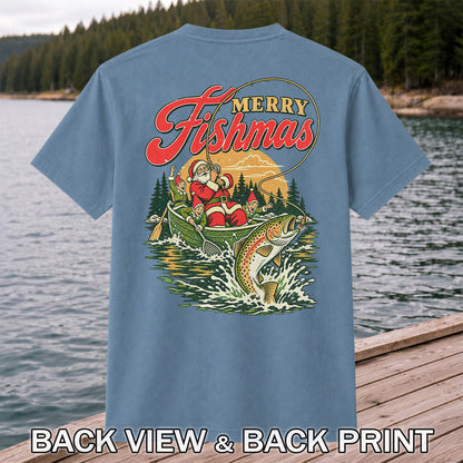 Merry Fishmas Santa and Elves Trout Fishing Christmas T-Shirt | Back Print