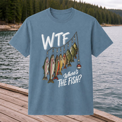 WTF Where's the Fish Trout and Bass Stringer Funny Fishing T-Shirt