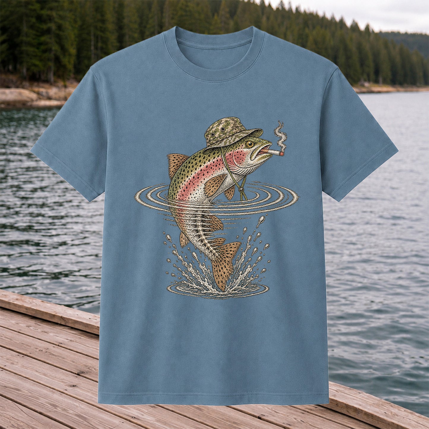 Cigar Smoking Trout in Fishing Hat Graphic T-Shirt