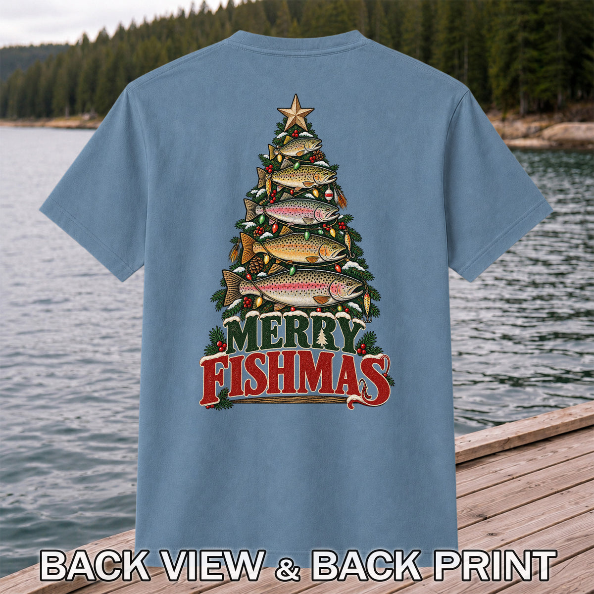 Merry Fishmas Trout Christmas Tree Fishing T-Shirt | Back Print