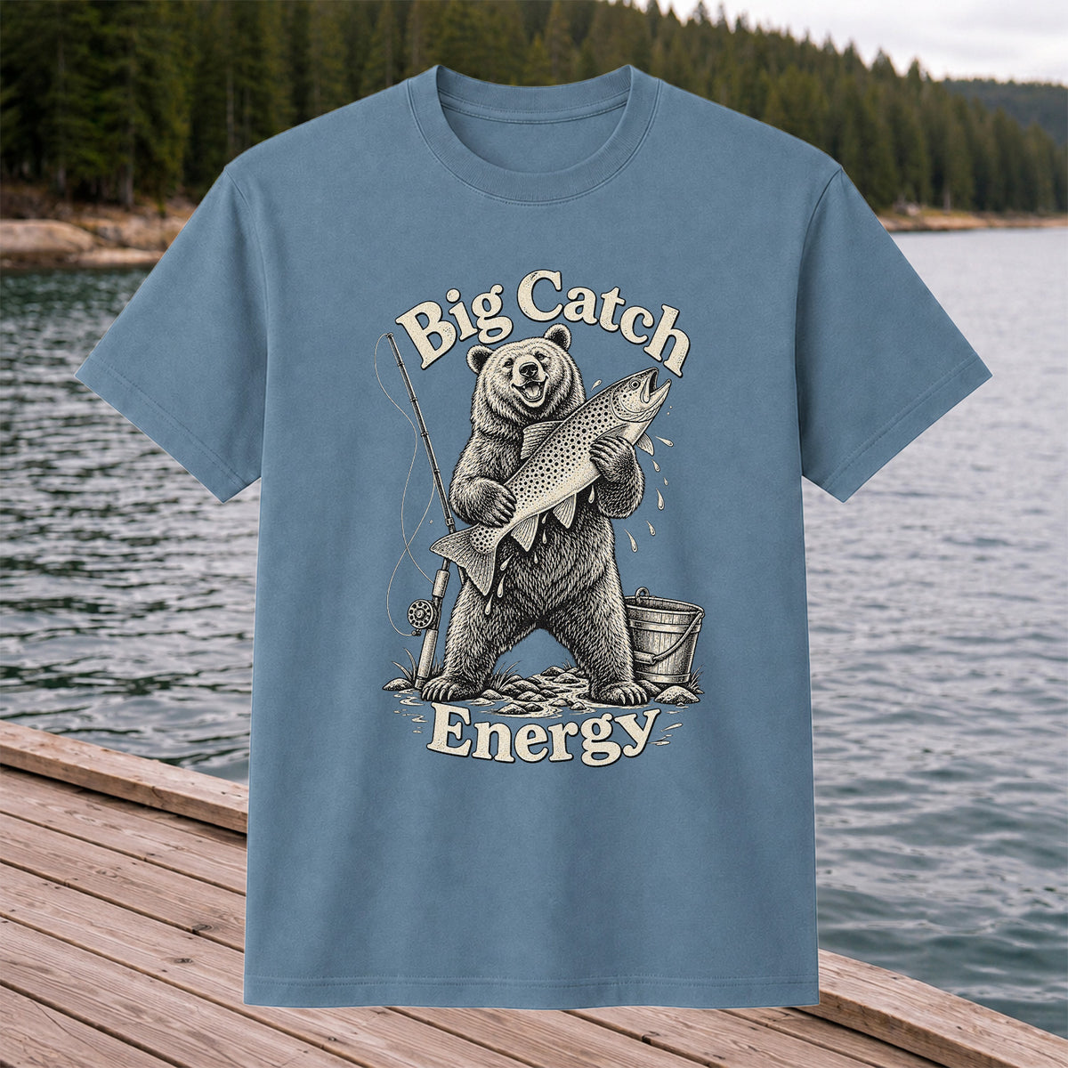 Big Catch Energy Bear and Trout Fishing T-Shirt
