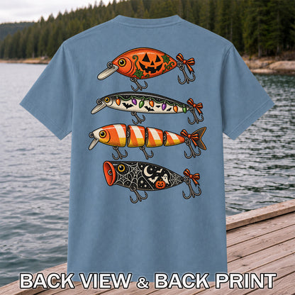 Halloween Fishing Lures with Pumpkin, Ghost and Candy Corn Graphic T-Shirt | Back Print