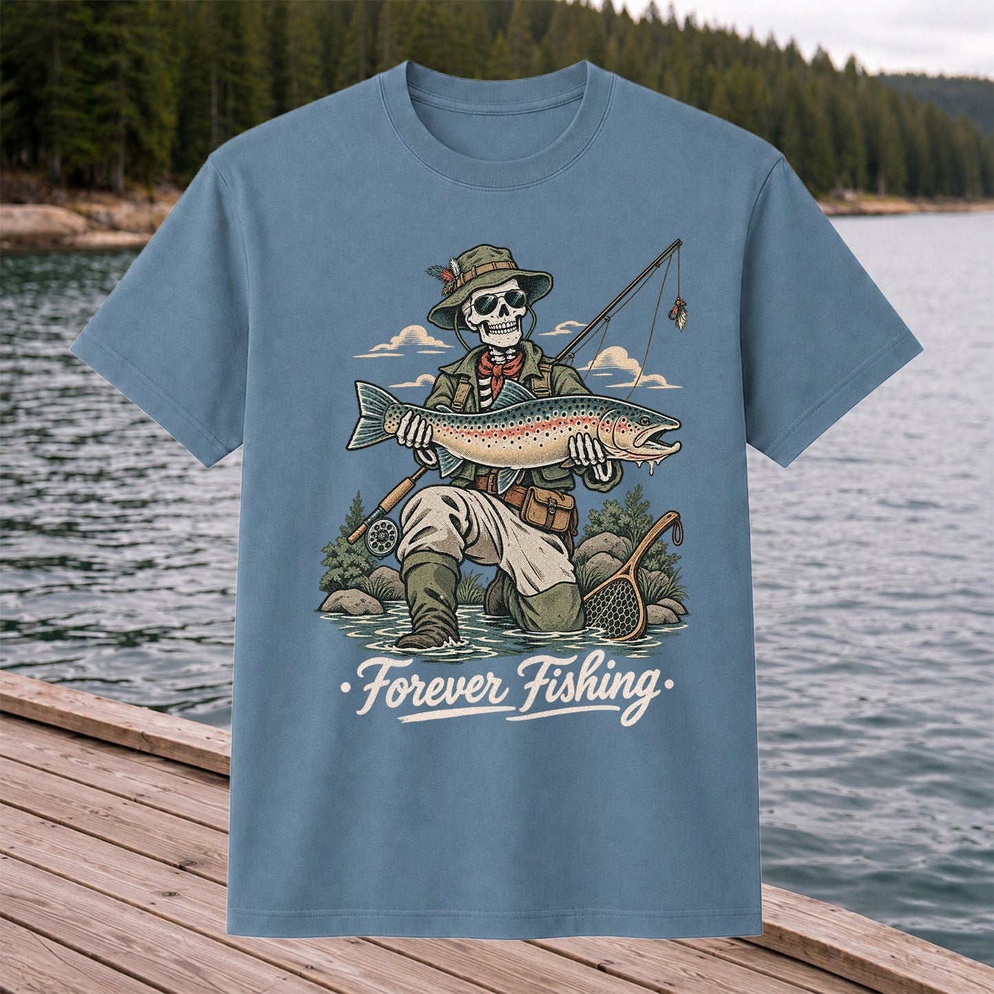 Forever Fishing Skeleton Angler with Rainbow Trout Graphic T-Shirt