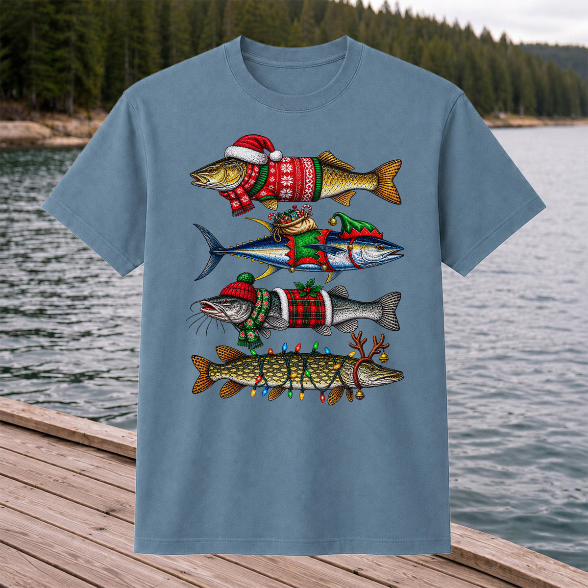Christmas Fish in Festive Sweaters Fishing Graphic T-Shirt