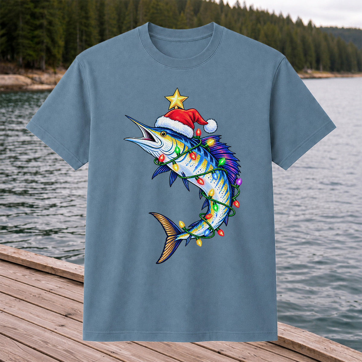 Christmas Marlin Wrapped in Lights Fishing T-Shirt