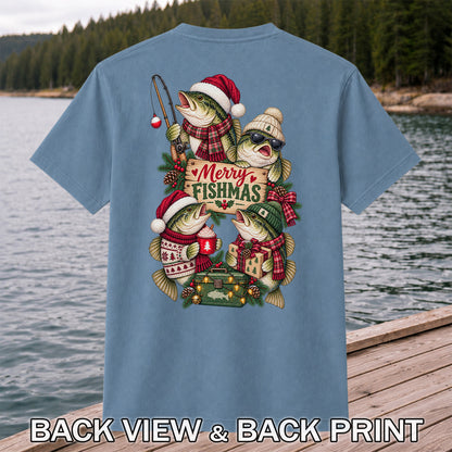 Merry Fishmas Bass Christmas Fishing Graphic T-Shirt | Back Print