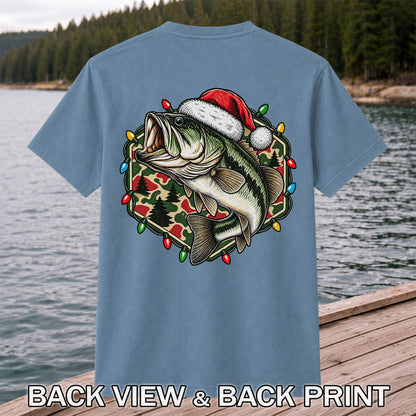 Santa Hat Largemouth Bass Christmas Fishing Graphic T-Shirt | Back Print