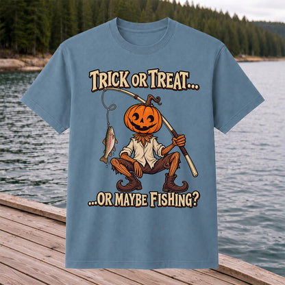 Trick or Treat Or Maybe Fishing Pumpkin Angler with Trout Halloween T-Shirt