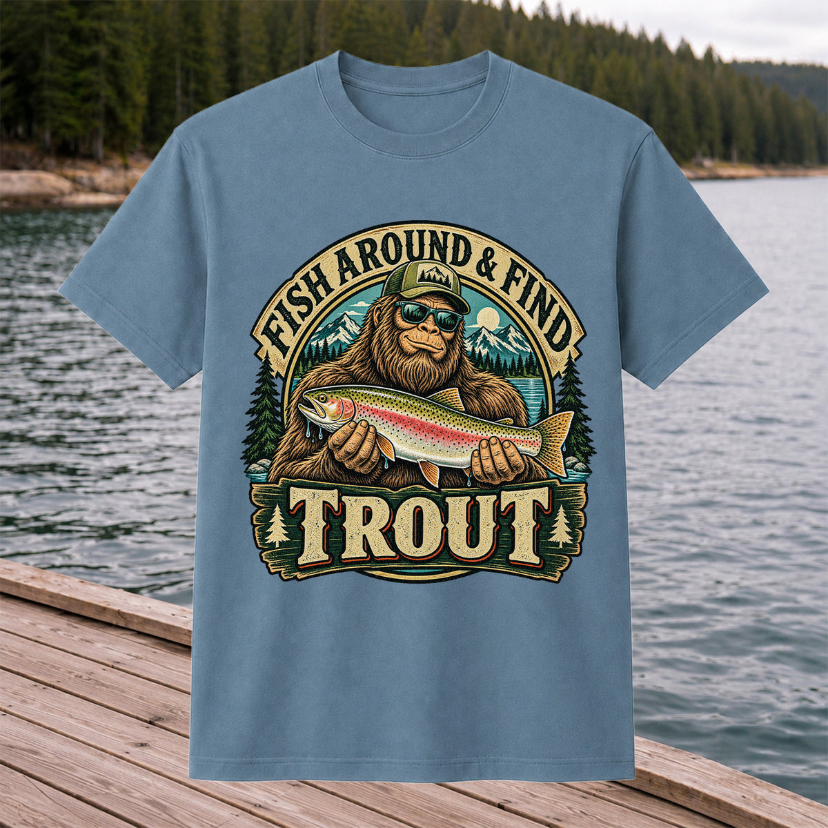 Fish Around & Find Trout Bigfoot Rainbow Trout Fishing T-Shirt