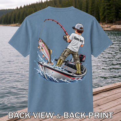 Personalized Boy Fishing Boat and Rainbow Trout Graphic T-Shirt | Back Print