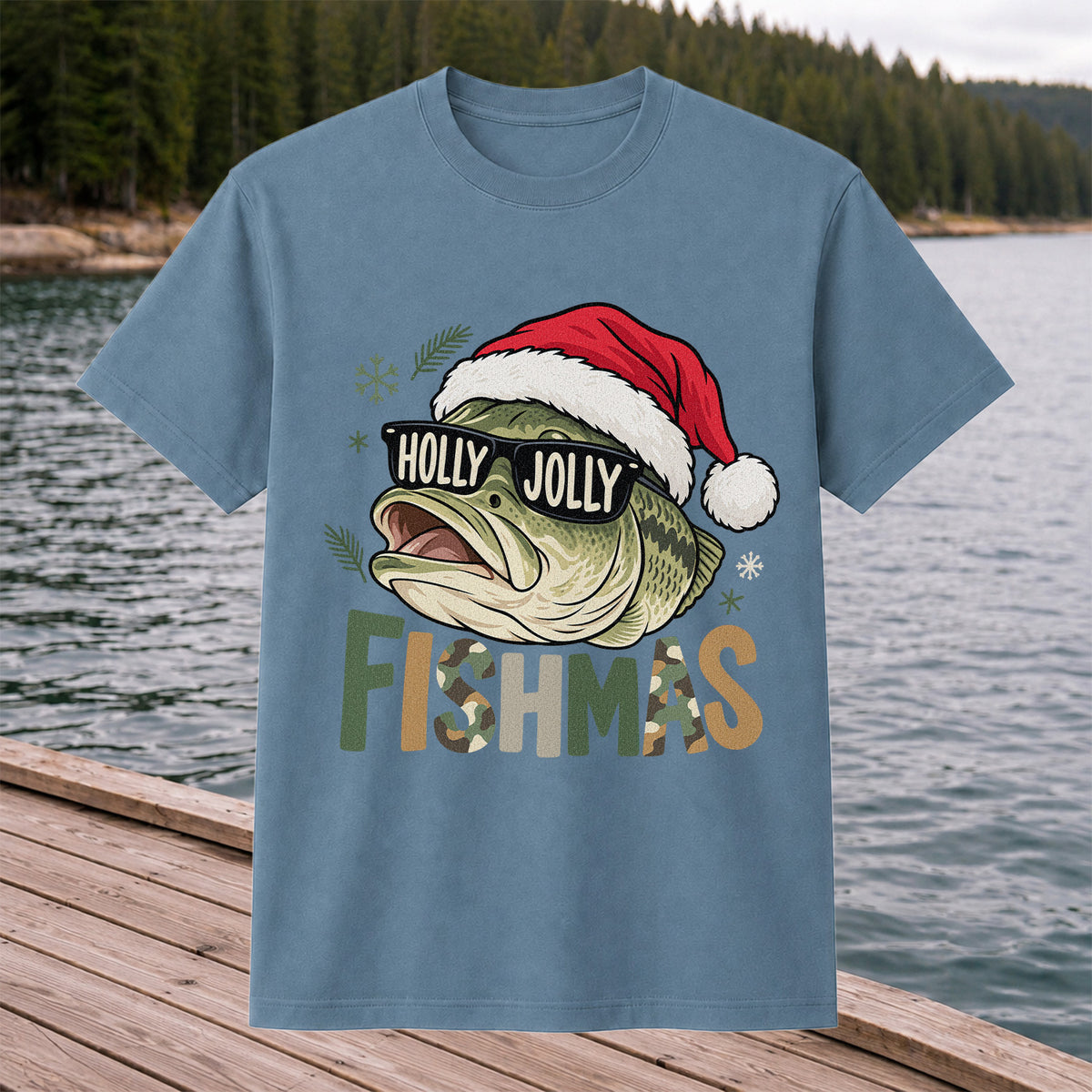 Bass Wearing Santa Hat and Holiday Glasses Fishing Graphic T-Shirt