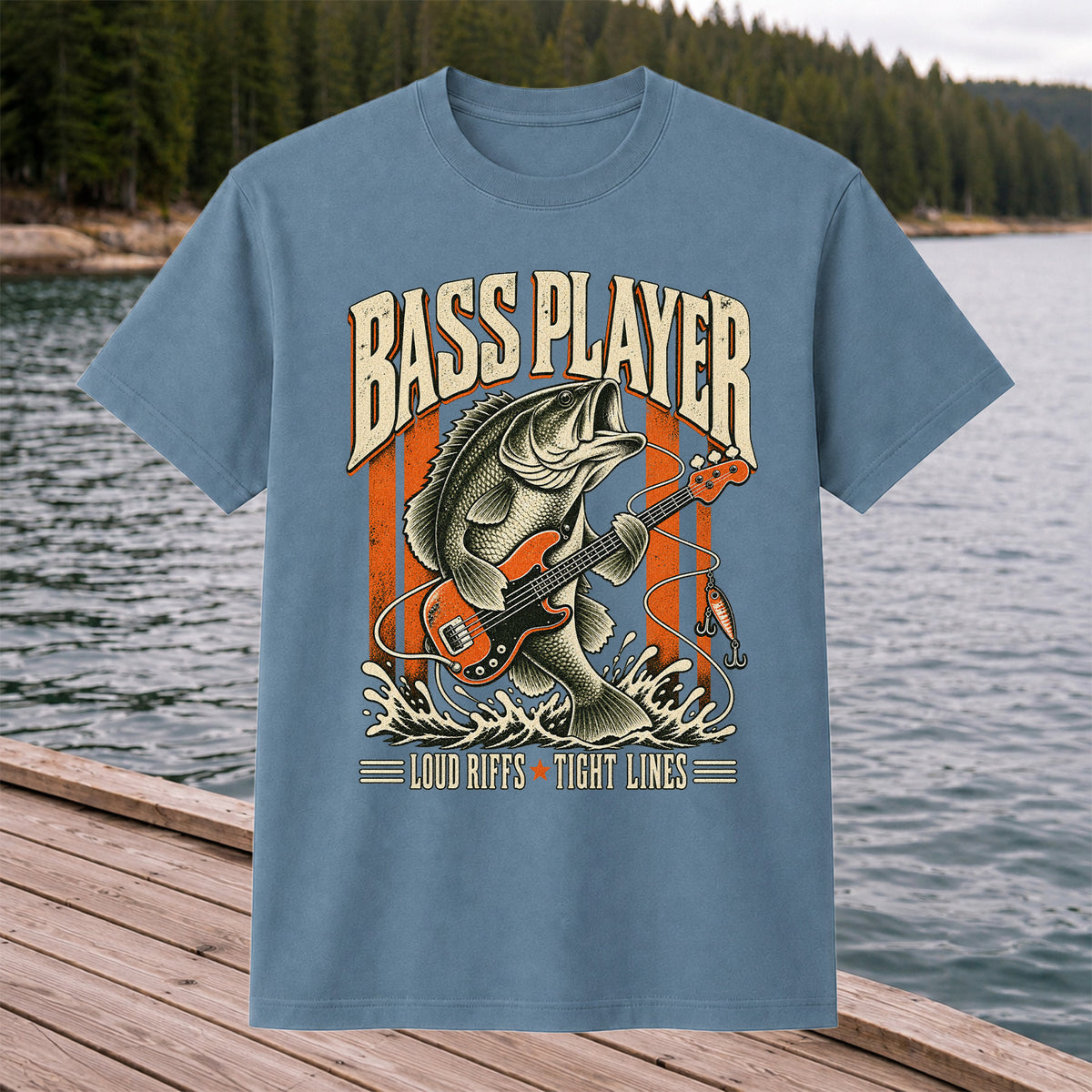 Bass Playing Guitar Vintage Fishing Graphic T-Shirt
