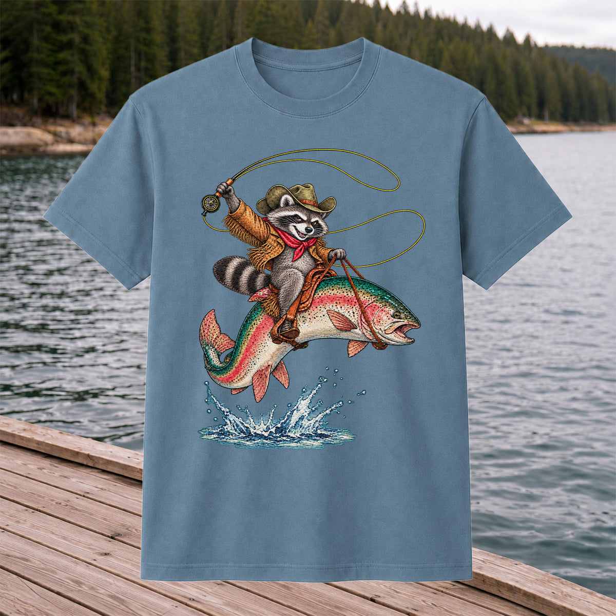 Cowboy Raccoon Riding a Rainbow Trout Fishing Graphic T-Shirt