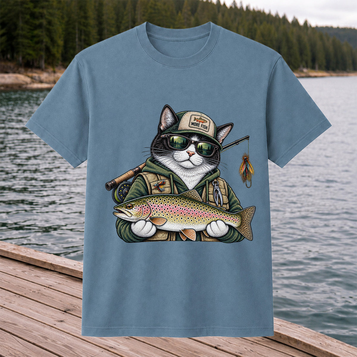 Cat Holding Rainbow Trout Fishing Graphic T-Shirt