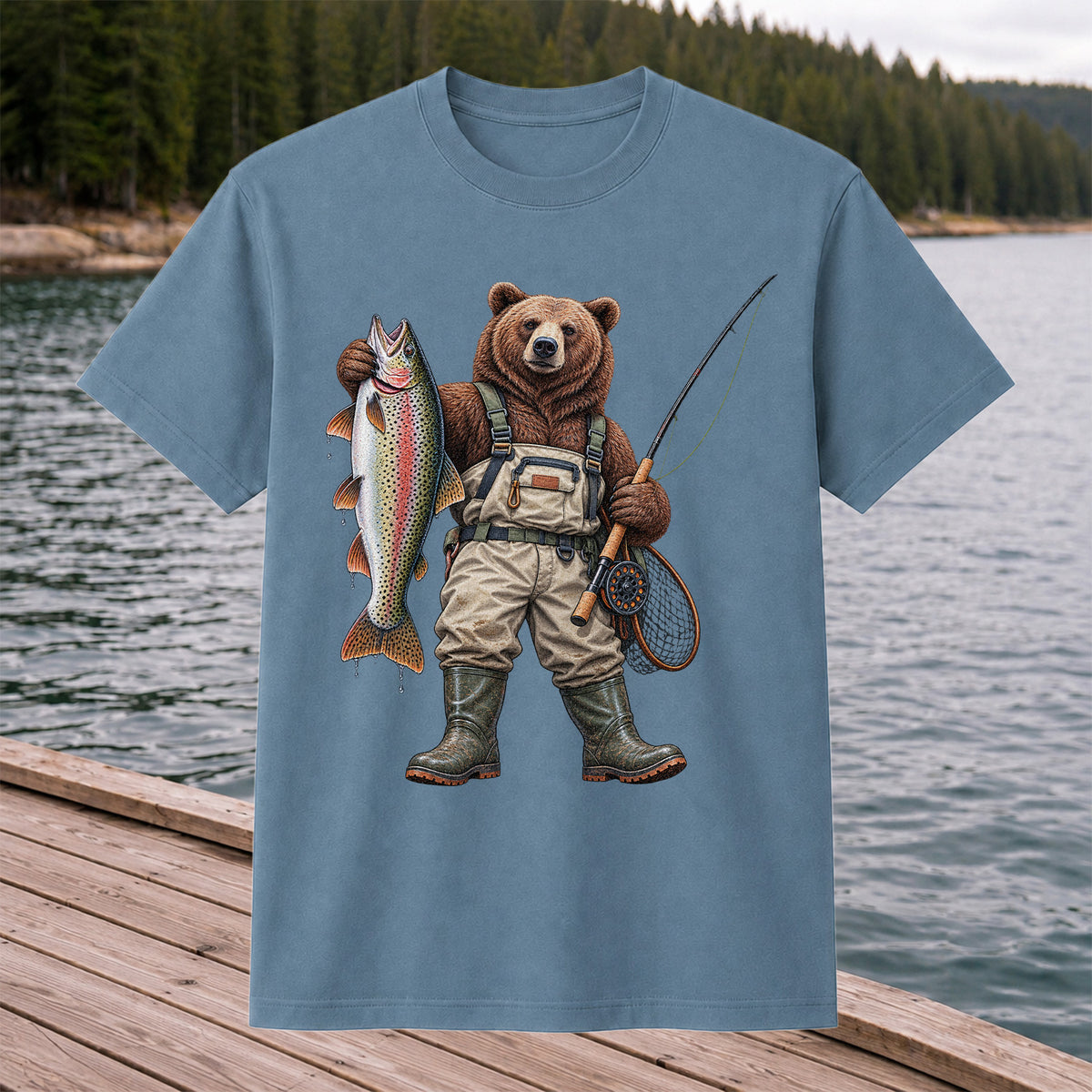 Bear Fishing with Rainbow Trout Outdoor Graphic T-Shirt